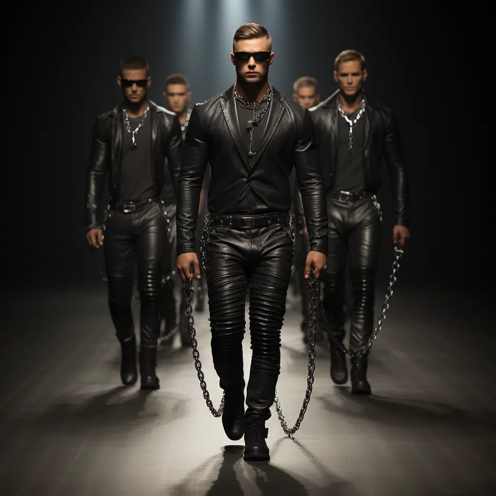 high end fashion models walking men in leather in leashes