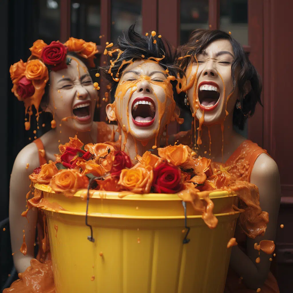 high end female super models in a rain bucket laughing and spashing