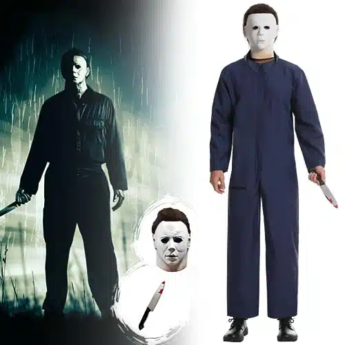 Fooecor Halloween Michael Myers Costume, Myers Adults Jumpsuit with Mask and Prop Knife, Perfect Horror Killer Men Women Cosplay