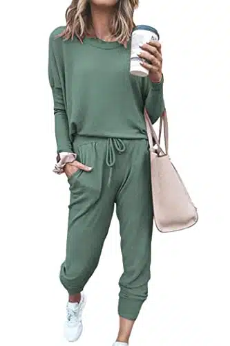 PRETTYGARDEN Women's Fall Two Piece Outfit Long Sleeve Crewneck Pullover Tops And Long Pants Tracksuit (Light Green,Medium)