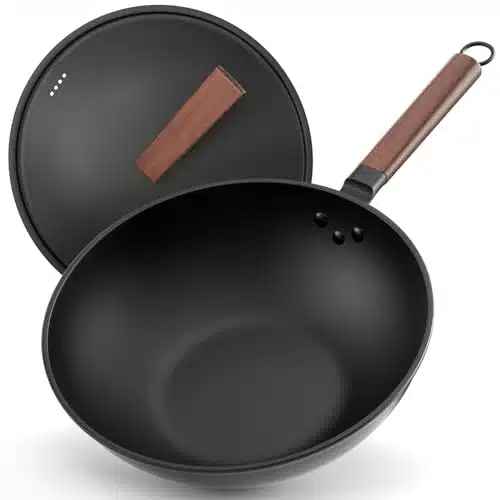 Todlabe Nonstick Wok, Inch Carbon Steel Wok Pan with Lid & Spatula, Woks & Stir Fry Pans No Chemical Coated Flat Bottom Cookware Chinese Wok for Induction, Electric, Gas, Halogen, All Stoves