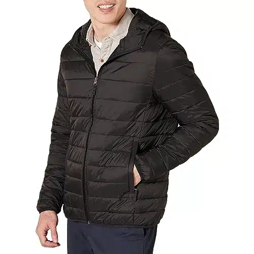 Amazon Essentials Men's Lightweight Water Resistant Packable Hooded Puffer Jacket, Black, Medium