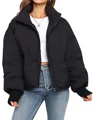 Gihuo Womenâs Winter Warm Long Sleeve Zip Front Short Baggy Puffer Jacket with Pockets(Black M)