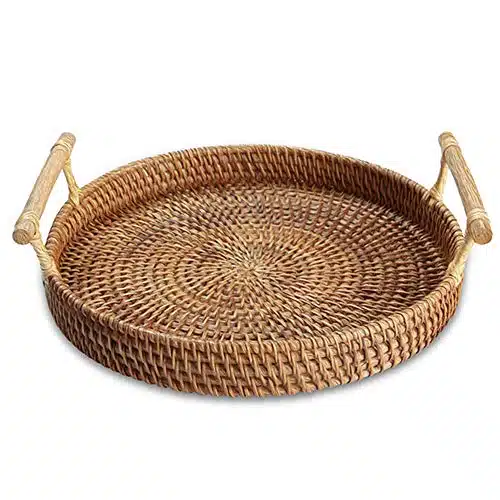 Handmade Rattan Round Woven Basket, Round Serving Tray with Handles, Food Serving Baskets, Basket, Great to Display Bread Or Fruit (, pc)