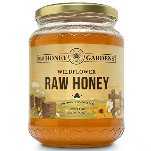 Honey Gardens Wildflower Raw Honey, Premium, Unfiltered, Unpasteurized Pure Honey Bee Crafted from Clover, Alfalfa & Wildflowers from the American Plains, Light Color, Day Guarantee, Serv, LB