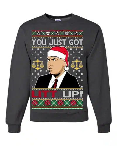 Just Got Litt Up Louis Tv Show Parody Ugly Christmas Sweater Unisex Crewneck Sweatshirt, Heather Black, Large