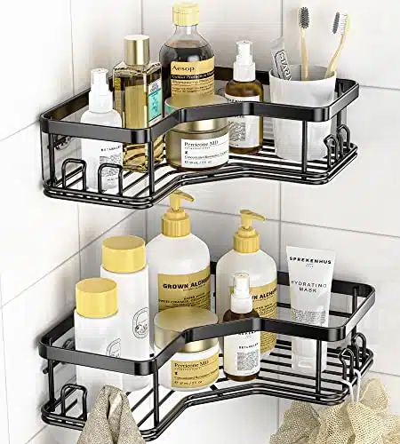 MAXIFFE Shower Caddy, Adhesive Stainless Steel Shower Organizer Shower Rack, Corner Shower Caddy with Hooks, Shower Shelves Storage Bathroom Organizers and Storage, Black