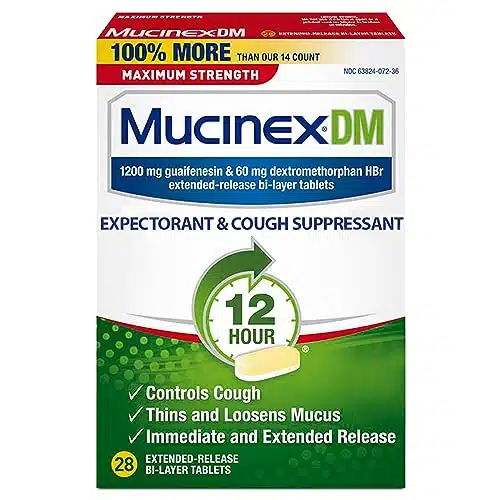Mucinex Cough Suppressant and Expectorant, DM Maximum Strength Hour Tablets, ct, mg Guaifenesin, Relieves Chest Congestion, Quiets Wet and Dry Cough, #Doctor Recommended OTC expectorant