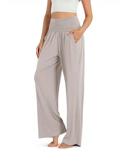 ODODOS Women's Wide Leg Palazzo Lounge Pants with Pockets Light Weight Loose Comfy Casual Pajama Pants inseam, Light Beige, X Large