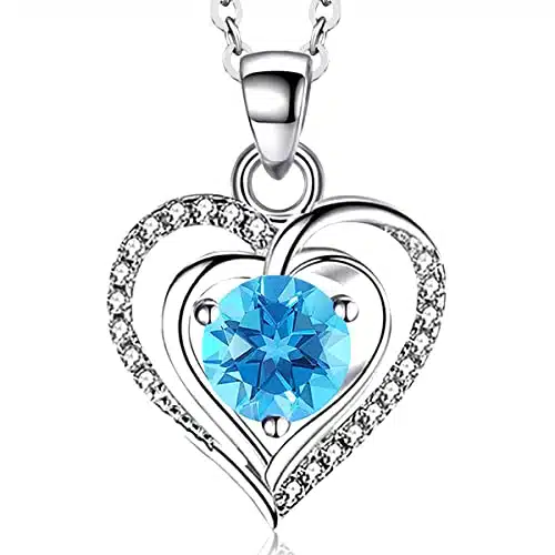 RIVIKO Heart Birthstone Pendant Necklace for Women Sterling Silver Zirconia March Necklaces Christmas Valentine's Day Mothers Day Jewelry Gifts For Girls Mother Wife