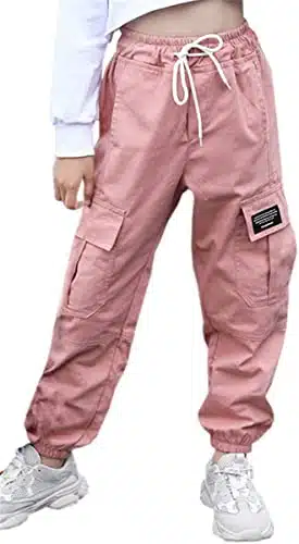 SANGTREE Girls Cargo Pants, Elastic Waist Drawstring Loose Tapered Multi Pockets Cargo Jogger Pants for Girl, Pink, Years Little Kid = Tag