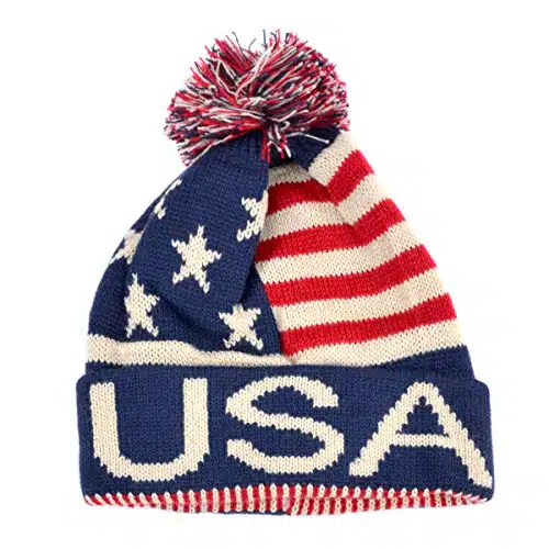 Selini Winter Hat   Knit, Cuffed Beanie with Pom Pom, USA Flag Design, Warm Fun for Cold Days, Small Medium