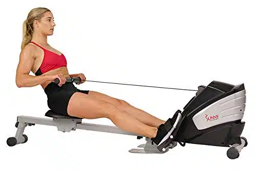 Sunny Health & Fitness Dual Function Magnetic Rowing Machine w Digital Monitor, Multi Exercise Step Plates, LB Max Weight and Foldable   SF R