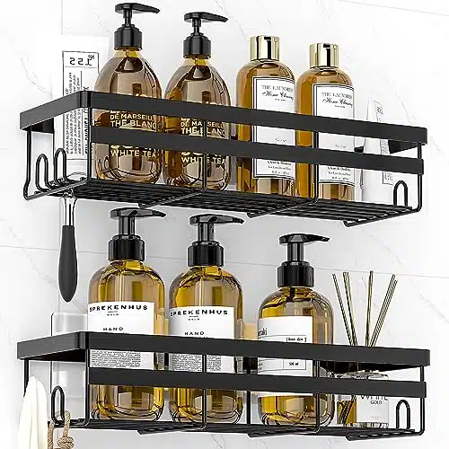 WOWBOX Shower Caddy Shelf Organizer, Pack Adhesive Black Bathroom Accessories, Save Space with Hooks, Toiletries Organization And Storage Stainless No Drilling Shower Shelves