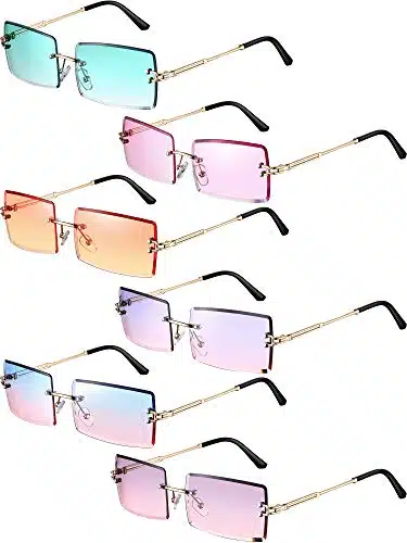 Weewooday Pairs Rimless Rectangle Sunglasses Small Vintage Sunglasses Retro Frameless Eyewear for Women Men Travel Outdoor (Green, Purple, Orange, Blue Pink, Pink Purple, Gray Pink)