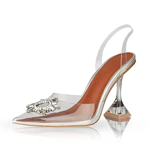 Atsroel Womens Clear Heeled Sandals Pointed Toe Crystal Rhinestones Sparkly High Stiletto Heels For Women Wedding Dress Shoes