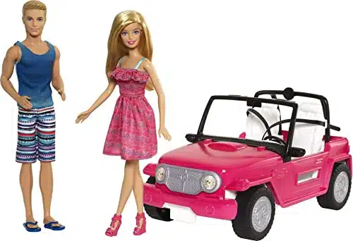 Barbie Beach Cruiser Set with Barbie and Ken Dolls, Pink Seater Toy Car with Open Roof (Amazon Exclusive)