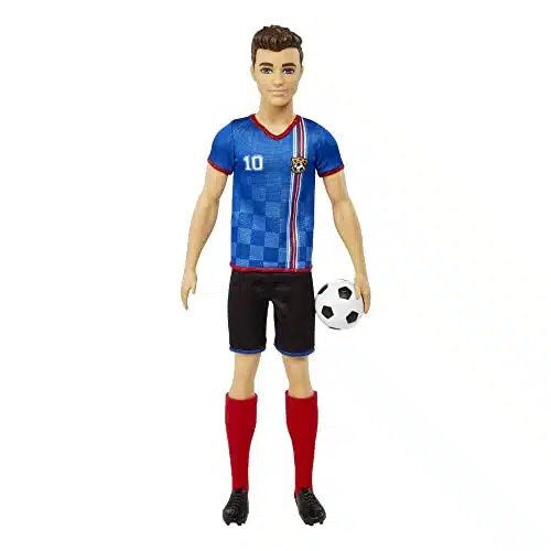 Barbie Soccer Ken Doll with Cropped Hair, Colorful #Uniform, Soccer Ball, Cleats & Tall Socks, Soccer Ball inches