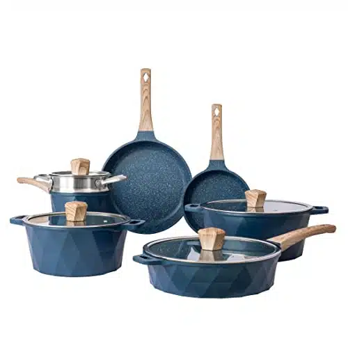 Country Kitchen Induction Cookware Sets   Piece Nonstick Cast Aluminum Pots and Pans with BAKELITE Handles, Glass Lids (Navy)
