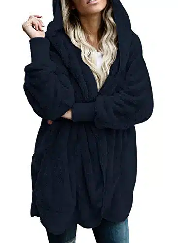Dokotoo Womens Casual Cozy Warm Fashion Ladies Fuzzy Winter Fall Open Front Long Sleeve Fleece Pocket Hooded Cardigan Sweater Jackets Coats Outerwear Navy Medium