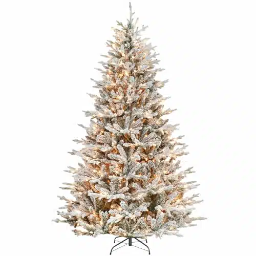 Hykolity ft Prelit Snow Flocked Christmas Tree, Christmas Tree with arm White LED Lights, PE&PVC Branch Tips, Metal Stand and Hinged Branches