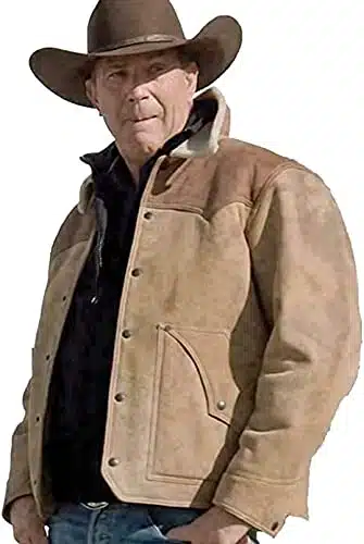 Menâs Kevin Costner John Dutton Genuine Sheepskin Fur Collar Brown Leather Yellowstone Jacket (XX Large)