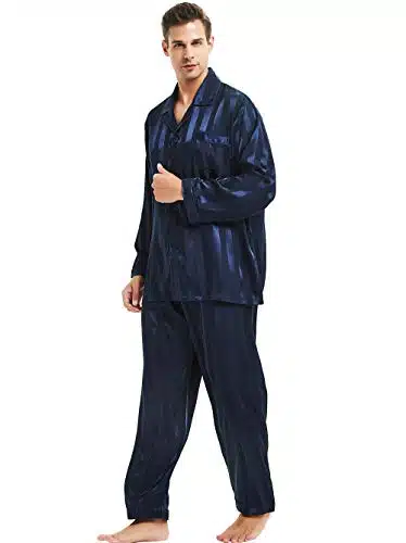 Mens Silk Satin Pajamas Set Sleepwear Loungewear Navy Blue L