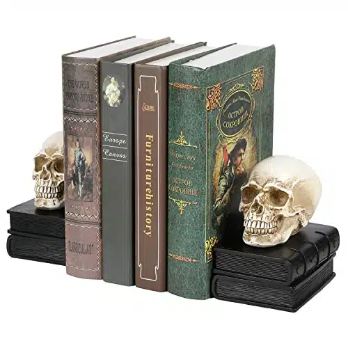 MyGift Vintage Style Skull on Black Stacked Books Bookends   Novelty Resin Skeleton Human Head Statue Halloween DÃ©cor   Book Supports, Pair