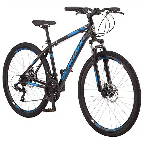 Schwinn GTX Comfort Adult Hybrid Bike for Men and Women, Dual Sport Bicycle, c Wheels, Inch Step Over Aluminum Frame, Speed Twist Shifters, Mechanical Disc Brake, BlackBlue