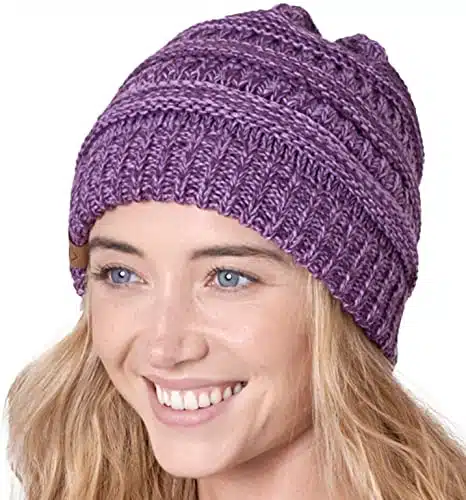 Tough Headwear Womens Beanie Winter Hat   Warm Chunky Cable Knit Hats   Soft Stretch Thick Cute Knitted Cap for Cold Weather Purple