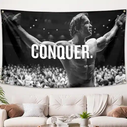 WHGJ Conquer flag for Arnold Poster Tapestry, Heavy Duty D Durable Polyester, Schwarzenegger Flag for Bodybuilding Gym Motivational home Room Banner Decor