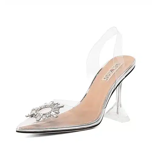 wetkiss Women's Clear Heels Shoes, Transparent PVC Crystal Rhinestones Slingback Wedding Pointed Toe High Heel Sandals for Women Ladies Female  Sliver Sunflower