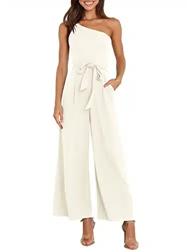 ANRABESS Women's Summer Dressy One Shoulder Sleeveless Tie Waist Backless Casual Wide Leg Jumpsuit Rompers Pockets mibaise S