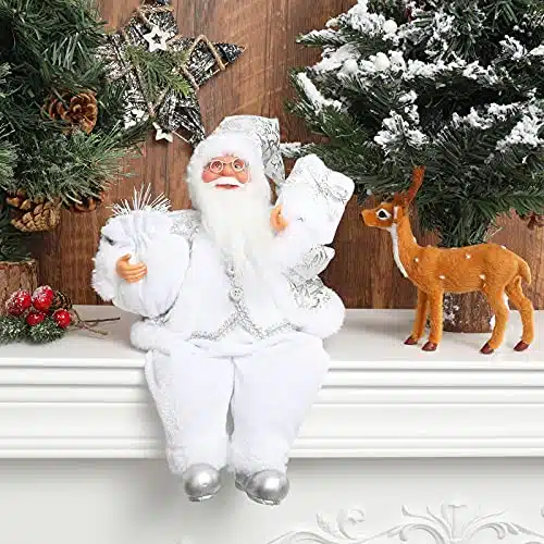 AnyDesign Christmas Sitting Santa Hand Crafted White Silver Coat Santa Claus Figurines Doll with Gift Bag and Presents Christmas Decoration for Home Office Table Xmas Party Ornament Gift