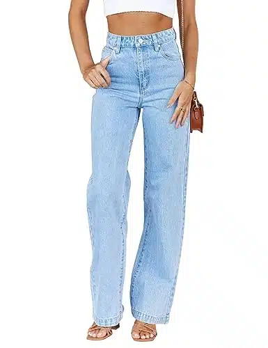 ETTELO Womens Jeans Mid Waisted Straight Leg Loose Stretchy Lightweight Tummy Control Trendy Jeans for Women (US, Numeric, , Regular, Regular, Light Blue)