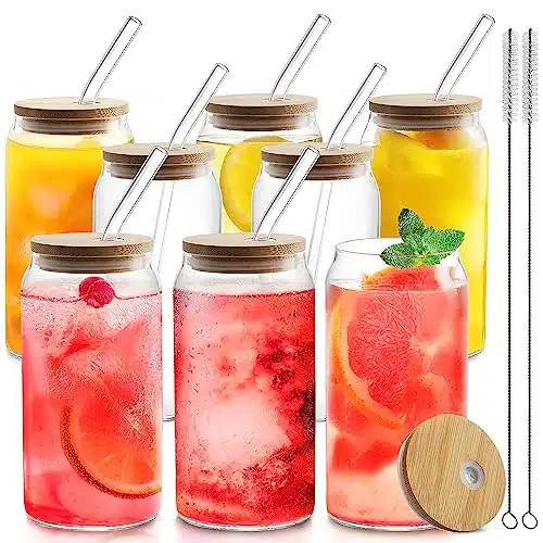 HOMBERKING Glass Cups with Bamboo Lids and Straws pcs Set, oz Can Shaped Cups, Beer Glasses, Iced Coffee Cups, Cute Tumbler with Cleaning Brushes, Ideal for Cocktail, Whiskey,