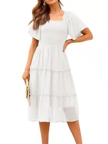LILLUSORY Bridal Shower Dresses for Women Summer Casual Trendy Flowy Dress Smocked Ruffle Tiered Beach Midi Dress White