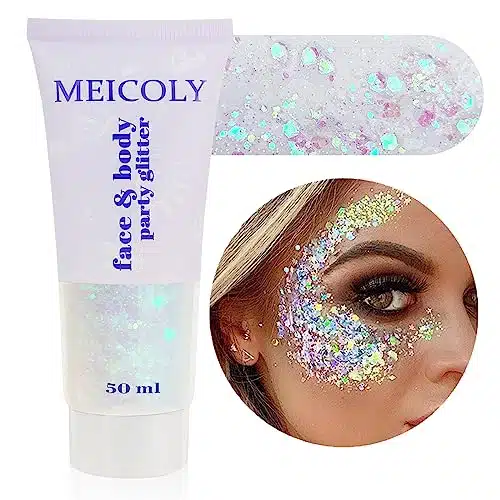 MEICOLY Clear Body Glitter Gel for Hair, Face and Body   Mermaid and Music Festival Accessory   ml