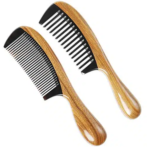 Onedor Buffalo Horn With Handmade % Natural Green Sandalwood Hair Combs   Anti Static Sandalwood Scent Natural Hair Detangler Wooden Combs (Buffalo Horn Wide & Fine Tooth)