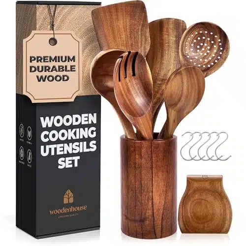 Wooden Spoons for Cooking  Wooden Utensils for Cooking Set with Holder, Spoon Rest & Hanging Hooks, Teak Wood Nonstick Kitchen Cookware  Durable Set of pcs by Woodenhouse