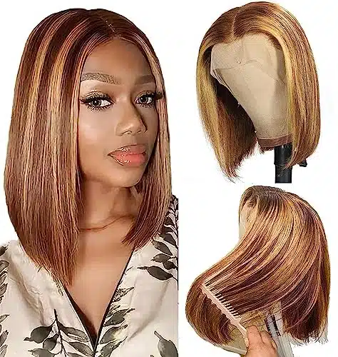 BANGS on TARGET Ombre Bob Wig Human Hair Highlight Honey Blonde Lace Front Bob Wigs Inch xLace Front Wig Human Hair A % Density Glueless Pre Plucked With Baby Hair for Women