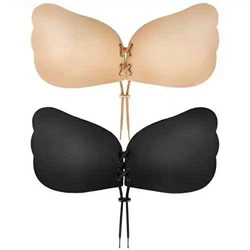 Cmojsk Sticky Bra, Backless Strapless Bra Push Up, Adhesive Invisible Lift Up Bras Pairs BlackBeige