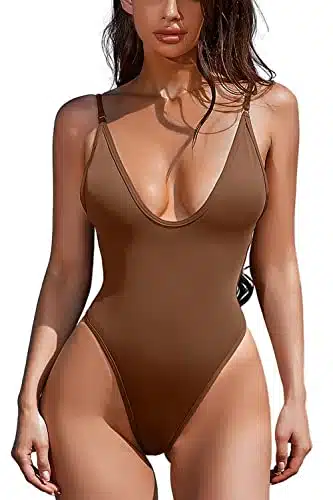 ESONLAR One Piece Swimsuits for Women Sleeveless Low Back Swimwear V Neck Bathing Suits Brown M