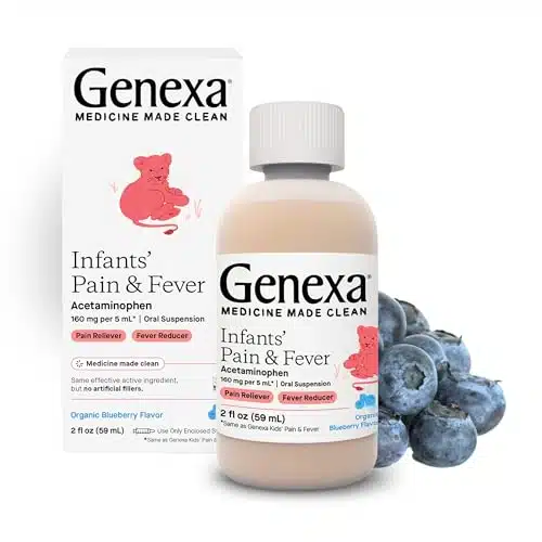 Genexa Infants Pain and Fever Reducer  Baby Acetaminophen, Dye Free, Liquid Oral Suspension Medicine for Infant  Delicious Organic Blueberry Flavor  mg per mL  Fluid Ounces