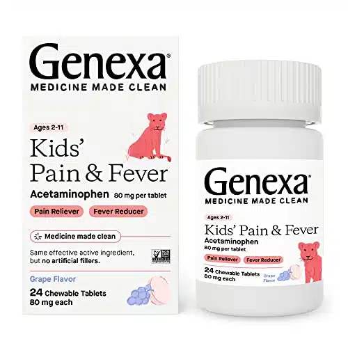 Genexa Kids Pain and Fever Reducer  Childrens Acetaminophen, Dye Free, Chewable Tablets for Kids  Delicious Organic Grape Flavor  mg  Count